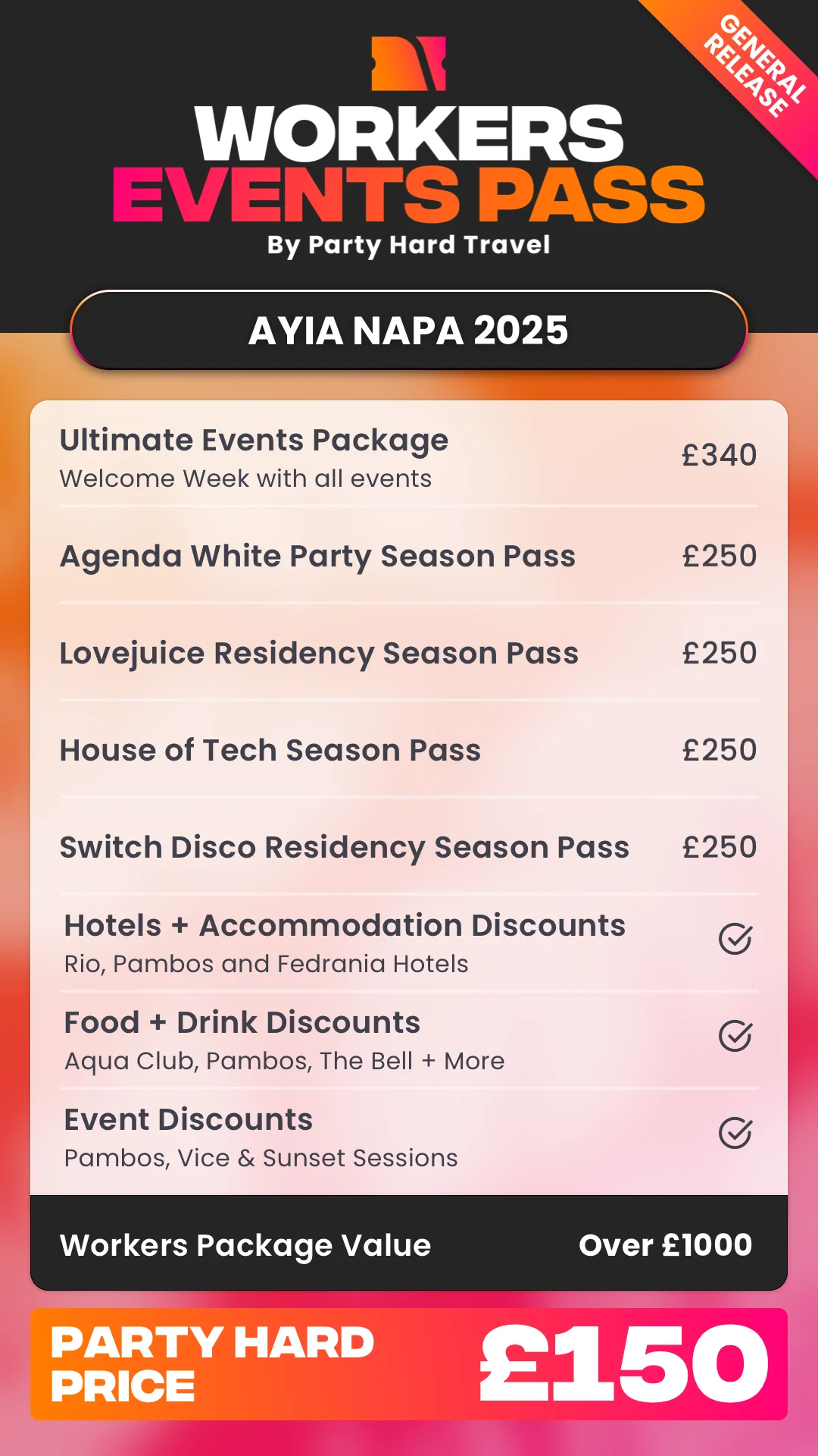 Workers Event Pass General Release Table Ayia Napa