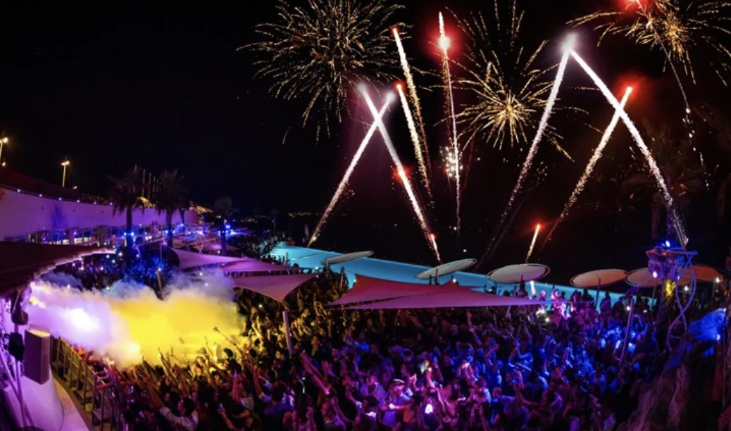 Café Del Mar Malta NightClub Birds Eye views of the crowds dancing and fireworks