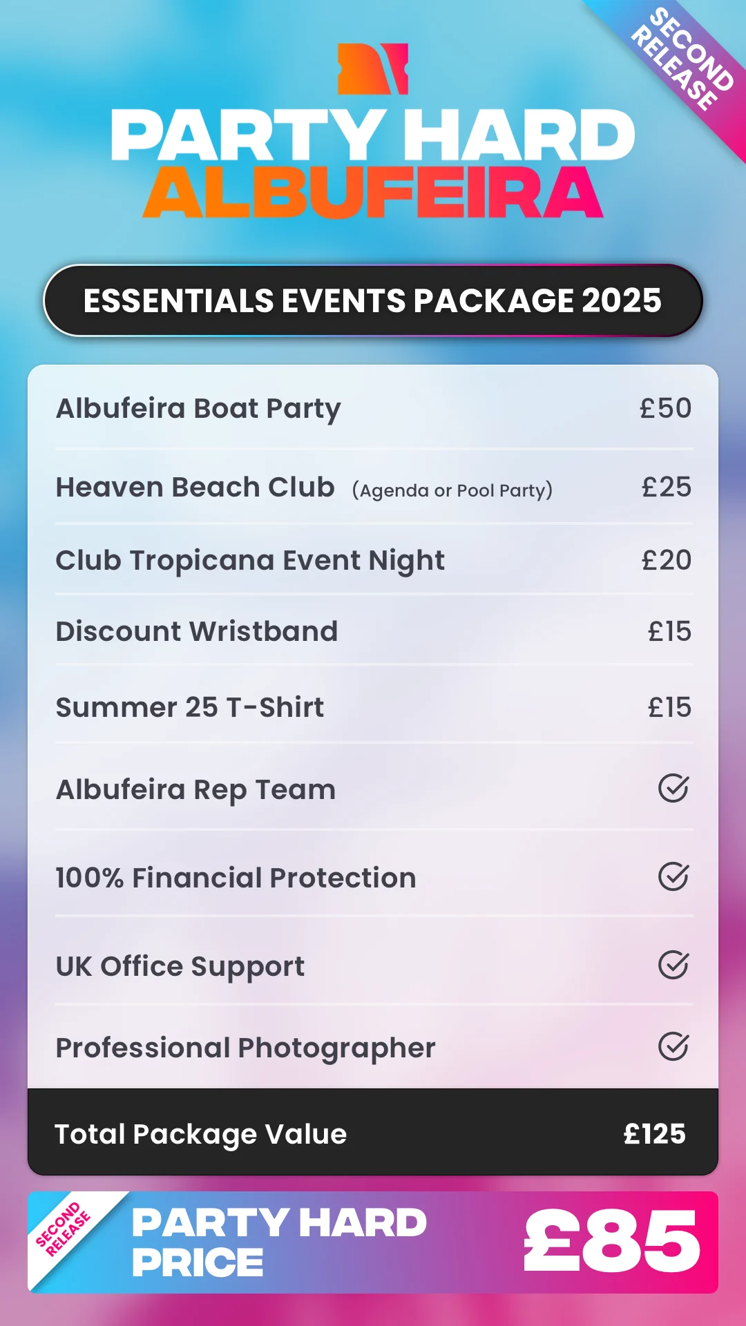 Party Hard Albufeira Essentials Events Package 2025 with boat party, club nights and beach club access for £85.