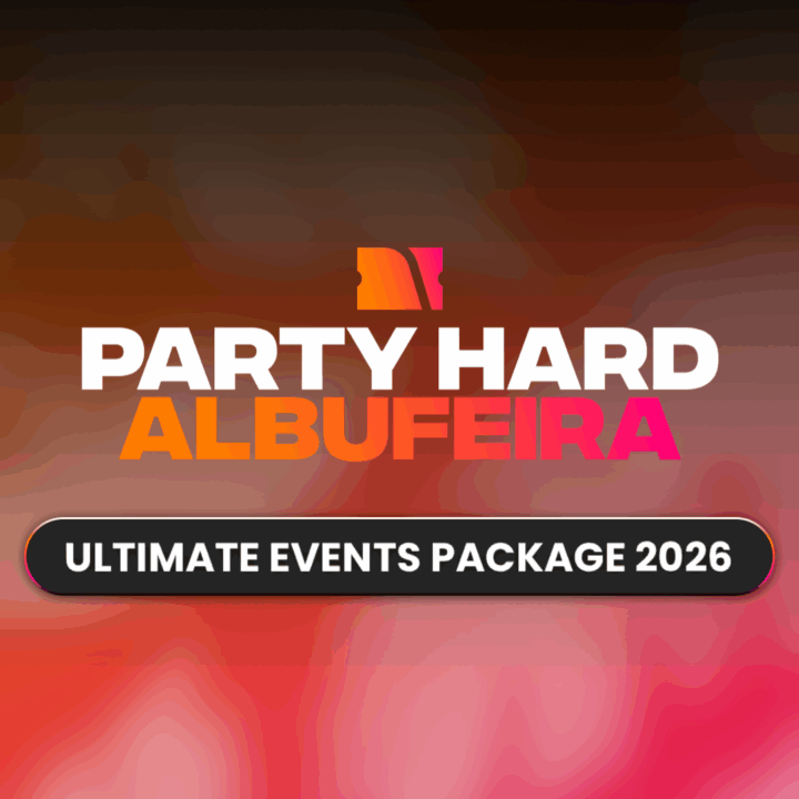 Party Hard Albufeira Ultimate Events Package 2026 logo banner.