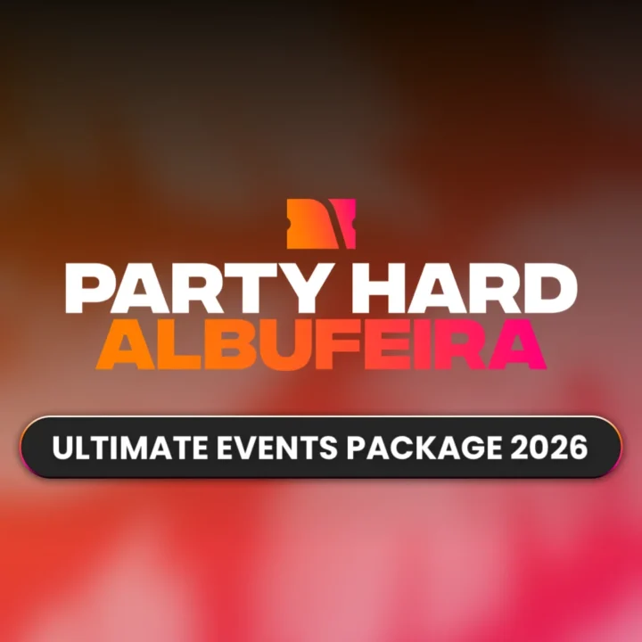 Party Hard Albufeira Ultimate Events Package 2026 logo banner.