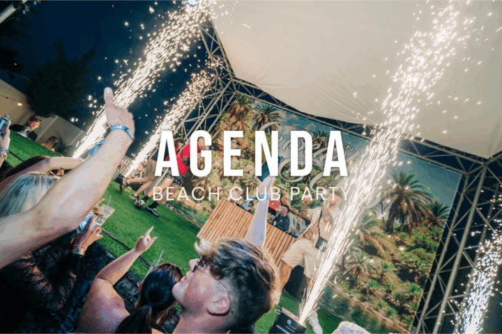 Fireworks bursting over the stage at Agenda Beach Club Party in Albufeira, crowd buzzing with energy under the night sky.