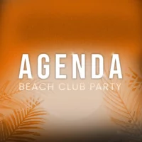 Agenda Beach Club Party Croatia event graphic with warm orange background, palm leaf design and bold white title text