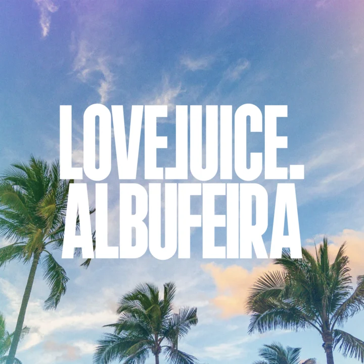 Love Juice Albufeira event graphic with palm trees, blue sky and bold white text promoting the party in Albufeira