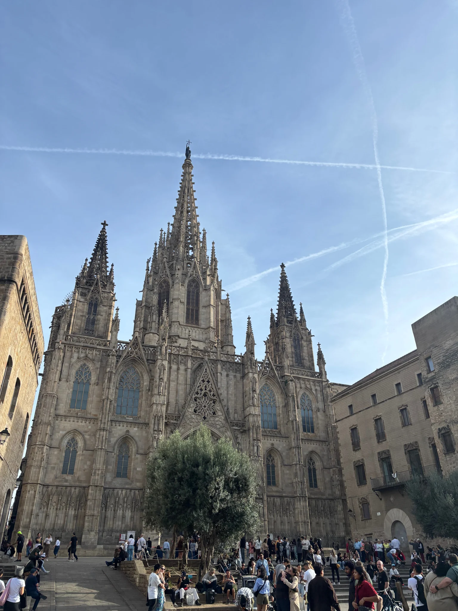 Crowds gathered in front of Barcelona Cathedral, with its gothic towers rising over the square during a daytime visit.