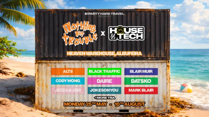 Promotional poster for the House of Tech event at Heaven Warehouse in Albufeira with artist line-up, event dates and beach scene artwork