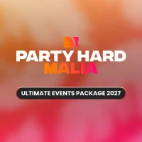 Malia Ultimate Events Package 2027 promotional graphic with Party Hard Travel branding